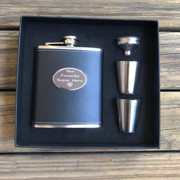 Black Leather Engraved Flask